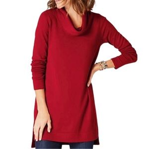 J JILL Red Pima Cotton Cowl-Neck Tunic Slub Knit Long Sleeve Women's
